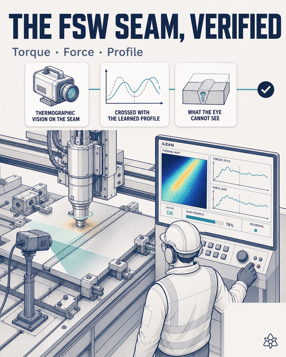 FSW station welding an aluminum structure for an electric vehicle with an iLEAN thermographic camera over the weld — torque, force and temperature control with AI