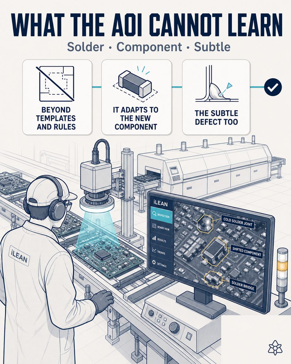 SMT station with an automotive electronics PCB under inspection lighting, an iLEAN Edge vision terminal and a classic AOI alongside — automotive PCB defects with AI
