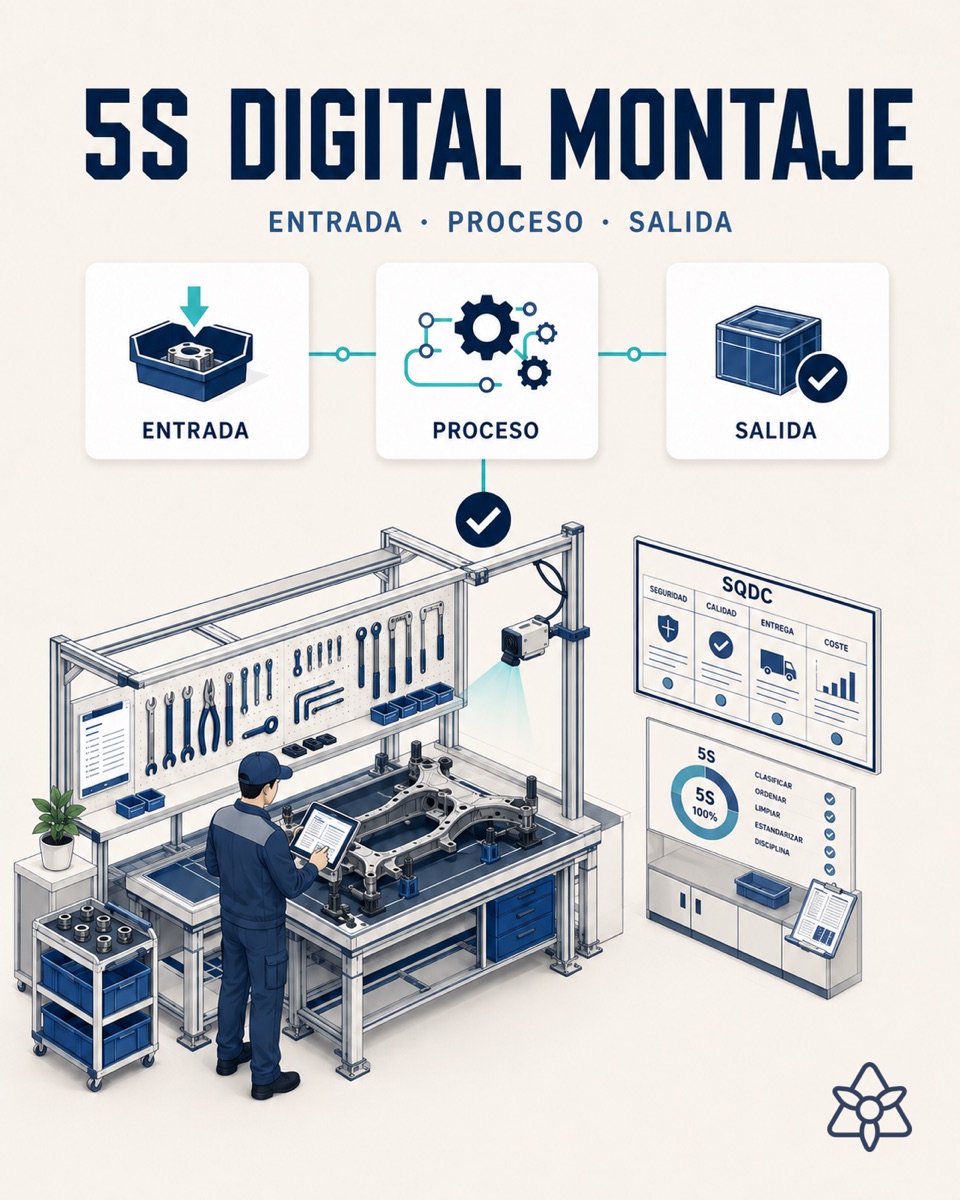 Automotive assembly line workstation with a tool shadow board and an iLEAN Connect tablet capturing the 5S walk — workstation standard verification with AI