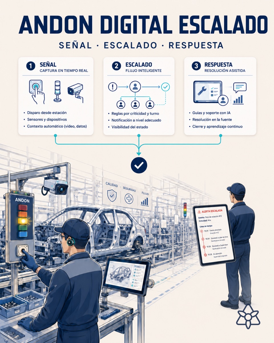 Andon light tower lit on an automotive assembly line with iLEAN Connect capturing the event — automatic escalation of the alert level by level with response times logged