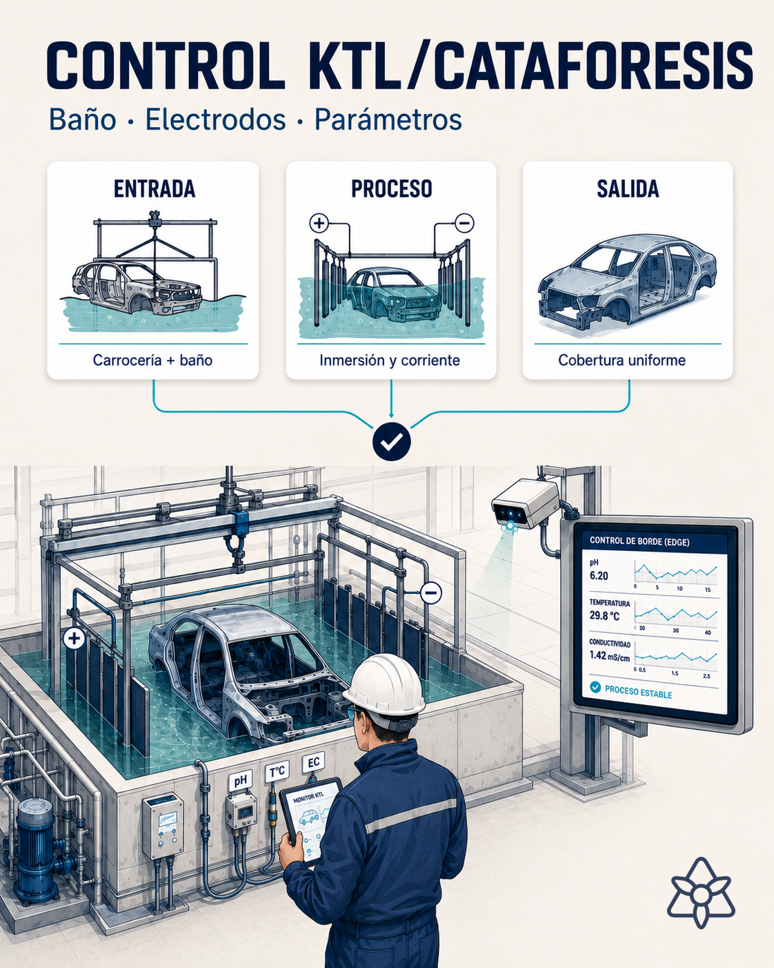 Cuba de cataforesis KTL con carrocería sumergida y panel iLEAN Edge sobre la instrumentación del baño — control de pH, temperatura y conductividad con IA