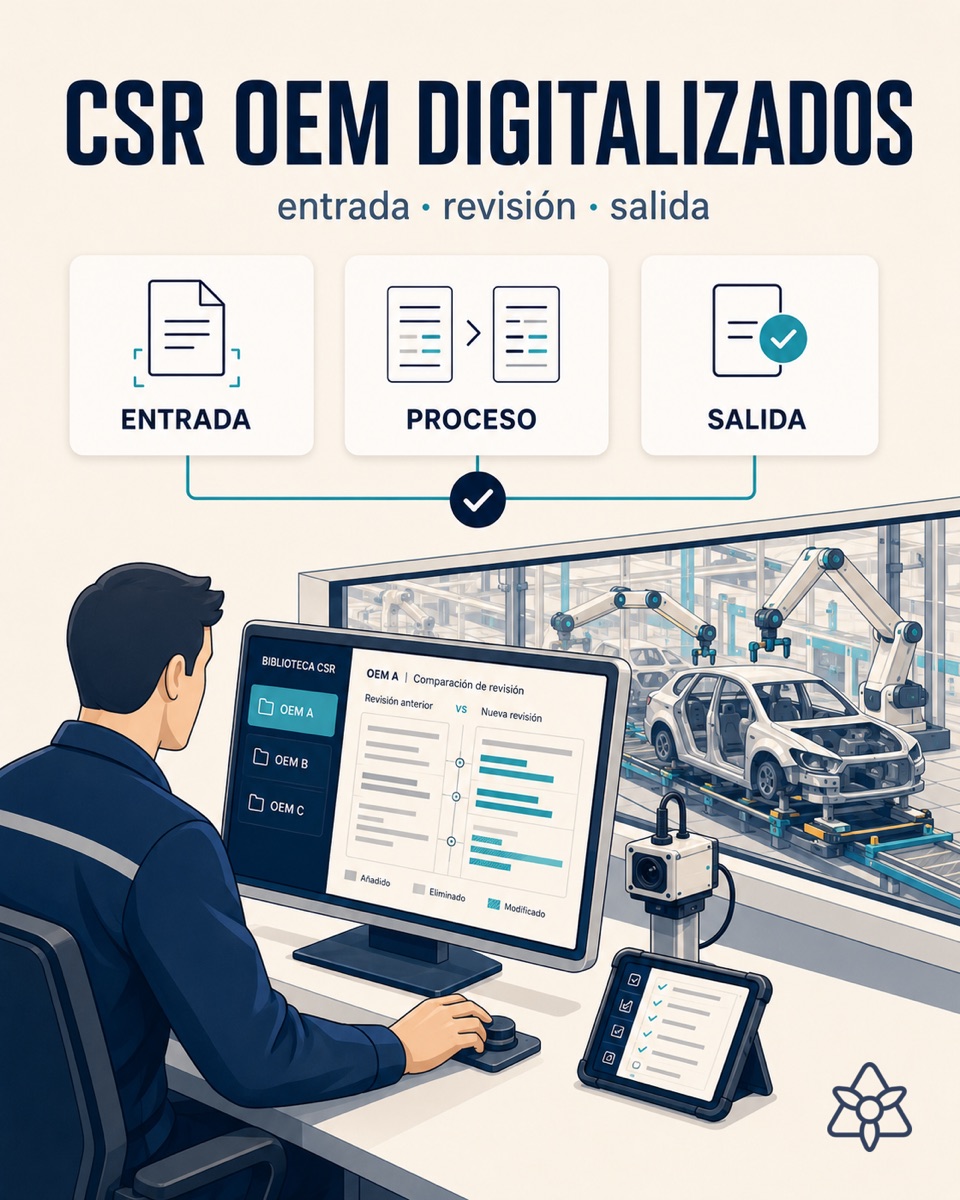 Tier-1 quality manager reviewing the CSR matrix digitized by iLEAN — OEM requirements extracted from the PDFs and cross-checked against internal procedures