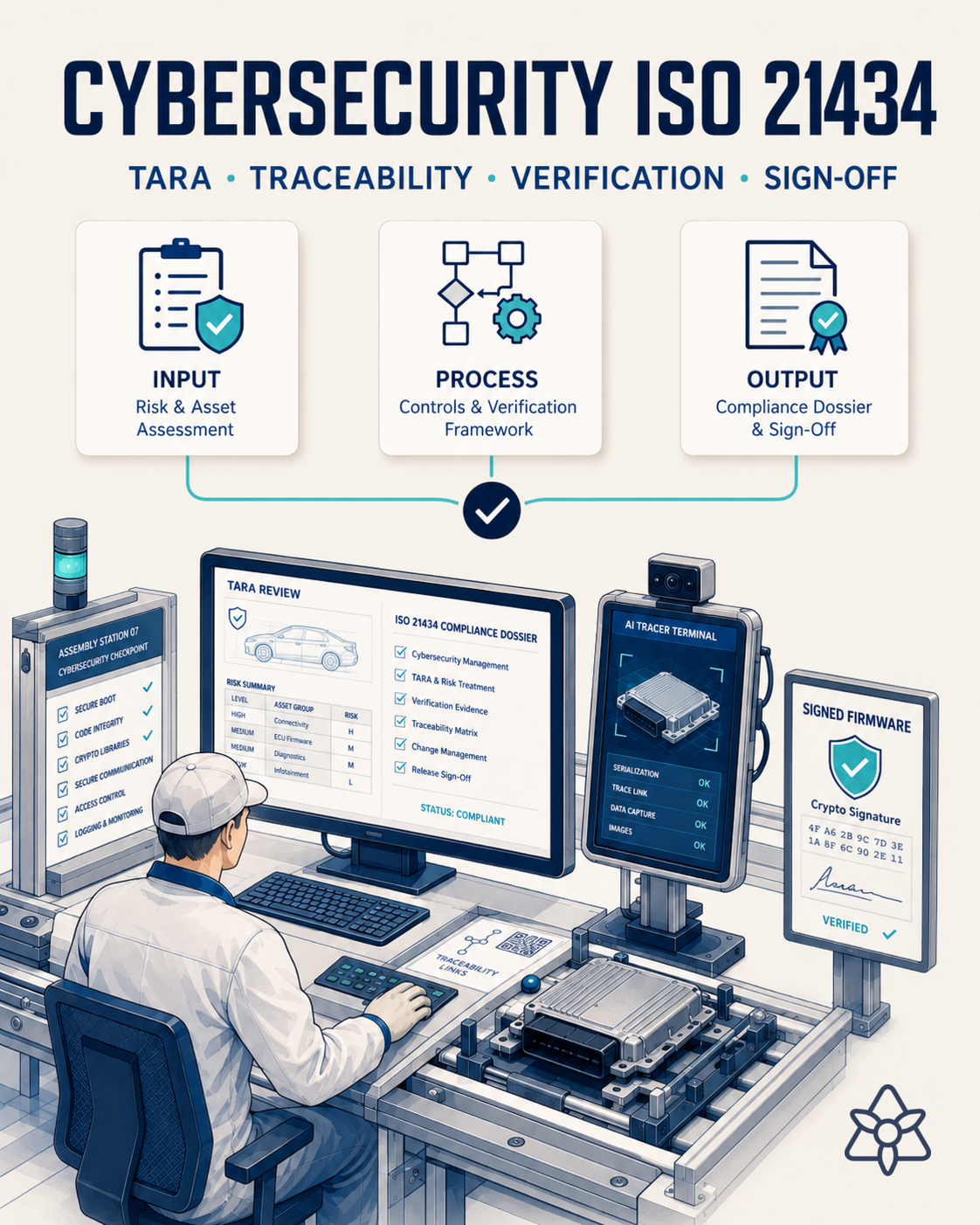 Línea de ensamblaje de ECU para automoción con técnico cyber revisando TARA y dossier ISO 21434 en pantalla, junto a panel con firmware y firma criptográfica — cybersecurity automoción con iLEAN