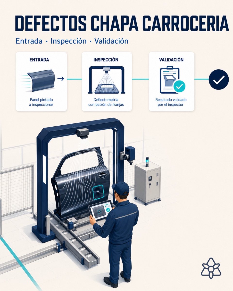 Body inspection light tunnel projecting deflectometric lines onto a car door, an Edge camera capturing the distortion of the pattern and an inspector validating — body panel defects with AI vision