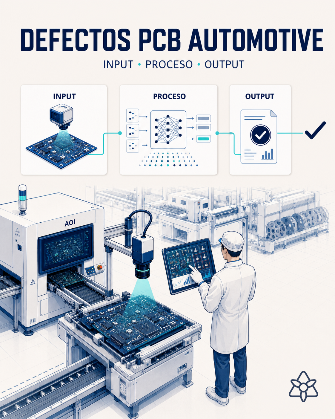 Estación SMT con placa PCB de electrónica embarcada bajo iluminación de inspección, terminal iLEAN Edge con visión y AOI clásico contiguo — defectos PCB automotive con IA