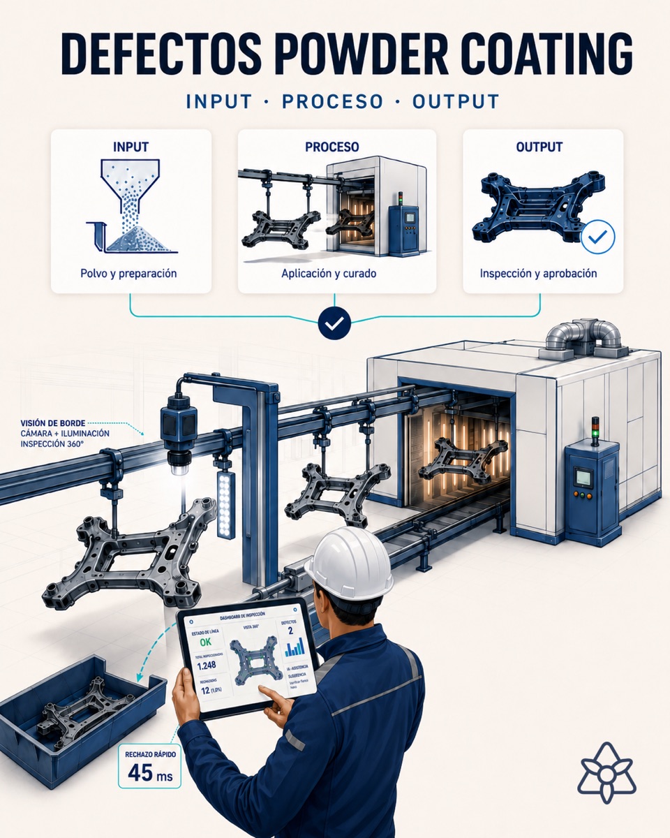 Automotive powder coating line with an iLEAN Edge camera at the oven entrance, an ejection actuator and an operator supervising — detecting craters, sags and orange peel with AI
