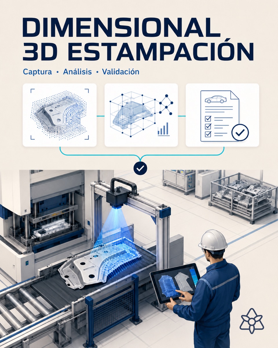 Stamped automotive part under 3D laser profilometry at the press exit, with an iLEAN Edge panel showing the trend of the critical dimensions