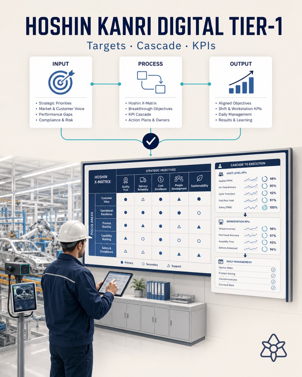 Tier-1 plant screen showing the Hoshin X-matrix cascaded into KPIs by shift and workstation, with the operational excellence manager reviewing it — digital Hoshin Kanri with iLEAN