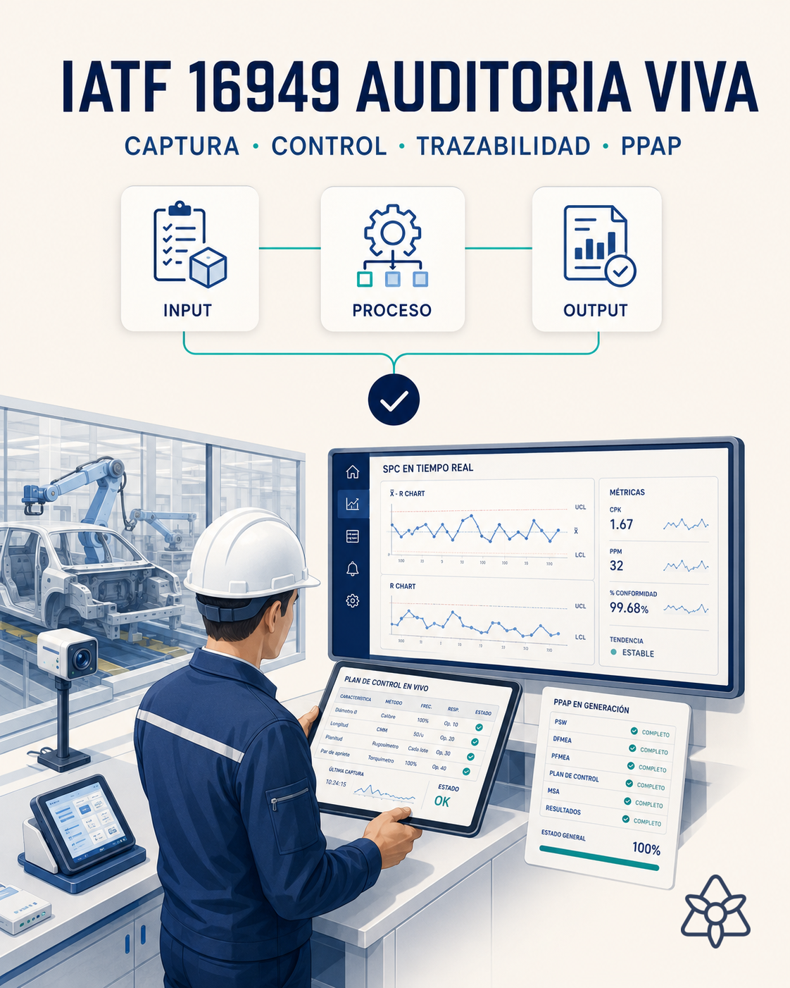 Sala de calidad de planta tier-1 de automoción con dashboard SPC, tablet de control plan y operario validando APQP vivo — IATF 16949 con auditoría continua