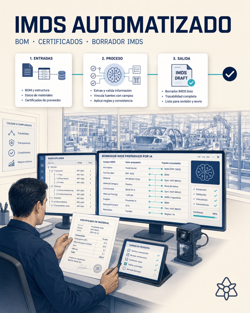 Quality and environmental office in a tier-1 supplier with a screen showing the BOM and IMDS drafts prepared by an agent, engineer reviewing them — automated IMDS with AI