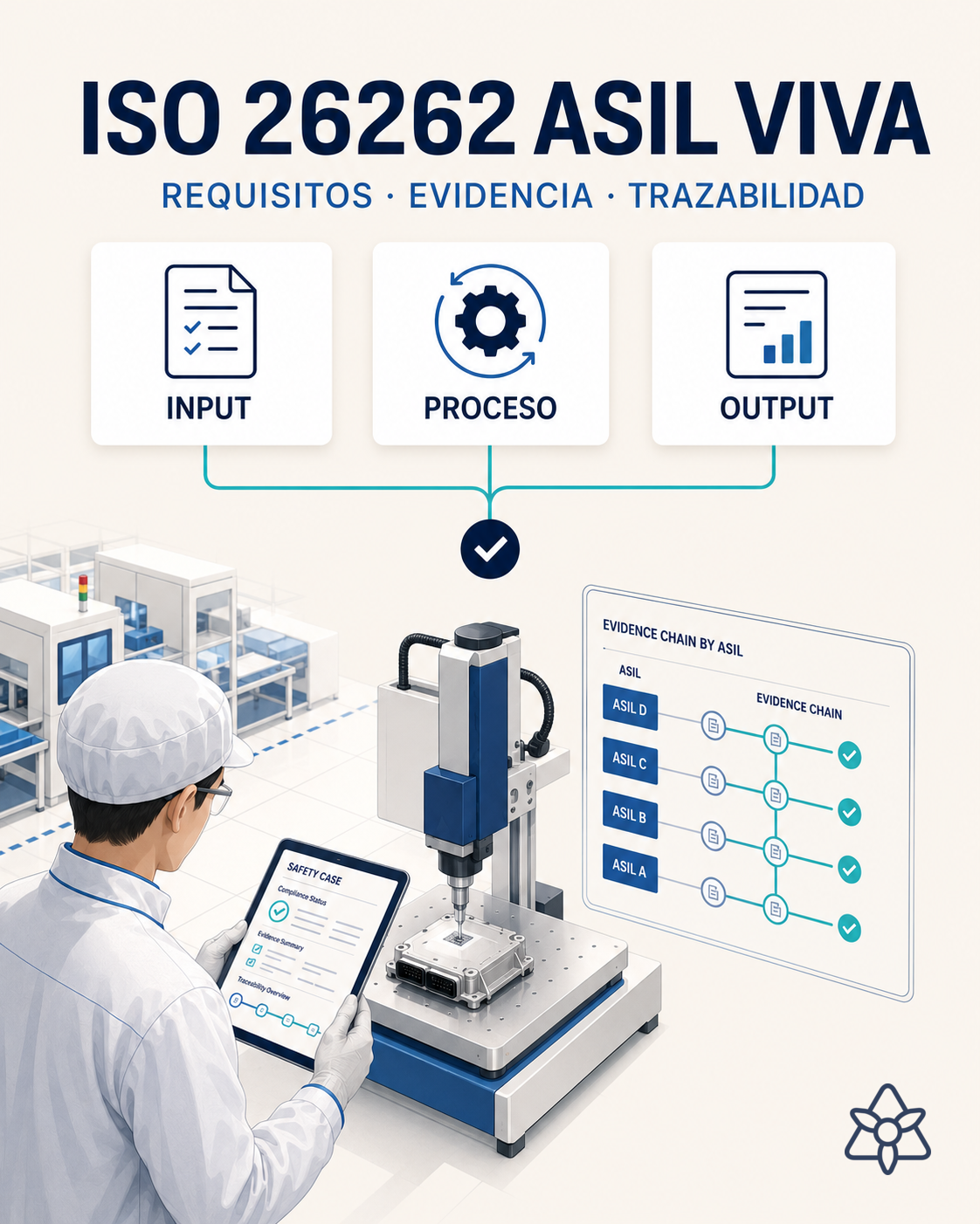 Sala de producción de electrónica de automoción con estación de marcado por componente, tablet de safety y agente iLEAN encadenando evidencia ASIL — ISO 26262 con IA