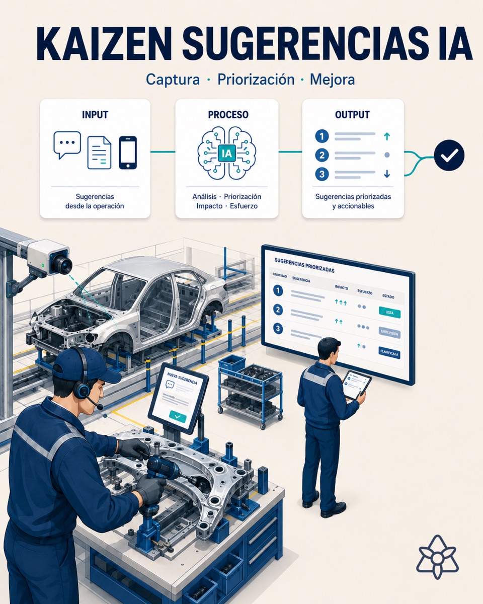Automotive plant operator dictating a kaizen suggestion through an earpiece while working, with the area's shared tablet in the background — kaizen with AI suggestions with iLEAN
