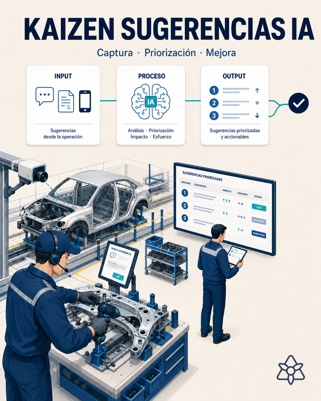 Operario de planta automoción dictando una sugerencia kaizen por pinganillo mientras trabaja, con tableta compartida del área en segundo plano — kaizen con sugerencias IA con iLEAN