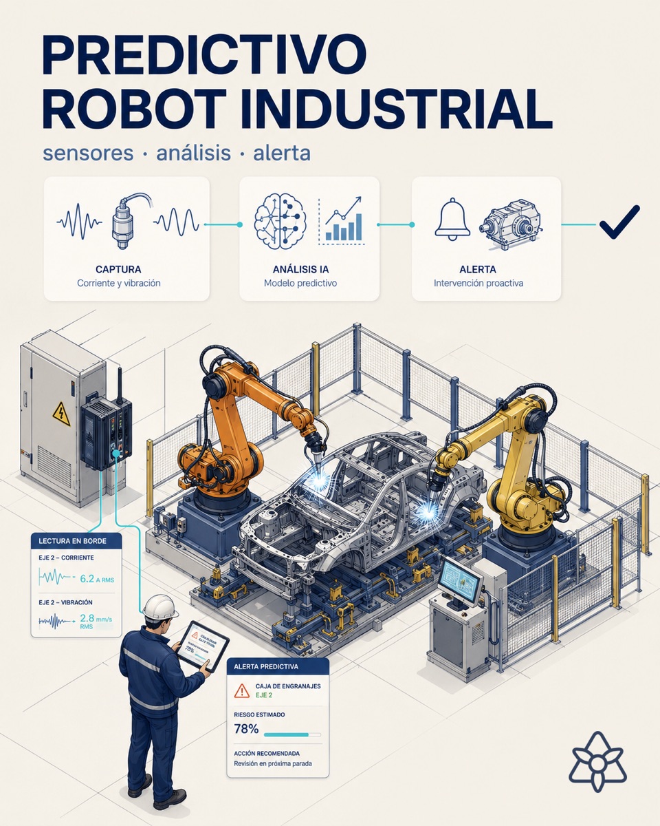 Body-in-white welding line with KUKA and Fanuc robots and an iLEAN Edge terminal at the robot base reading vibration and current — industrial robot predictive maintenance
