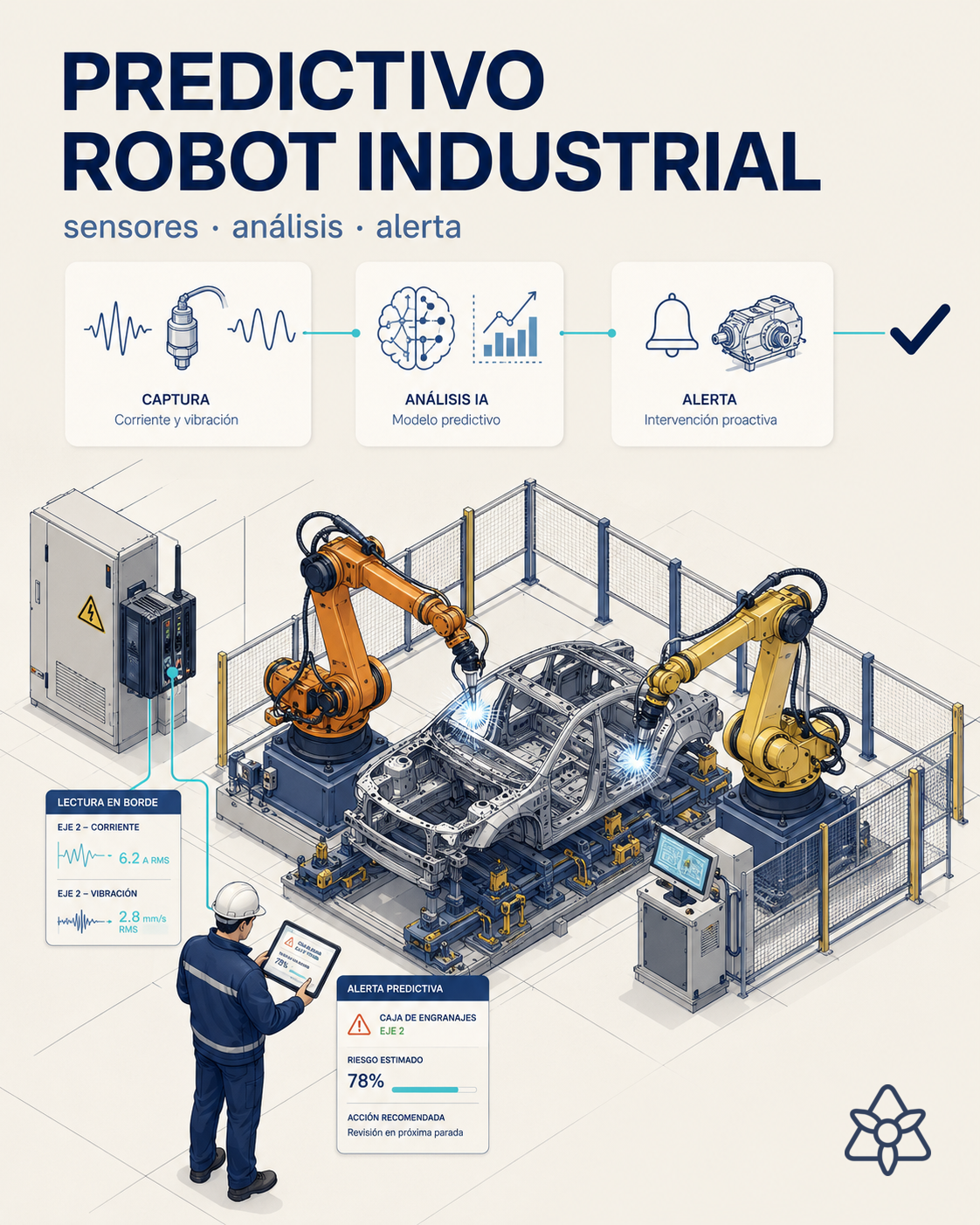 Línea de soldadura de carrocería con robots KUKA y Fanuc, terminal iLEAN Edge en la base del robot leyendo vibración y corriente — mantenimiento predictivo robot industrial