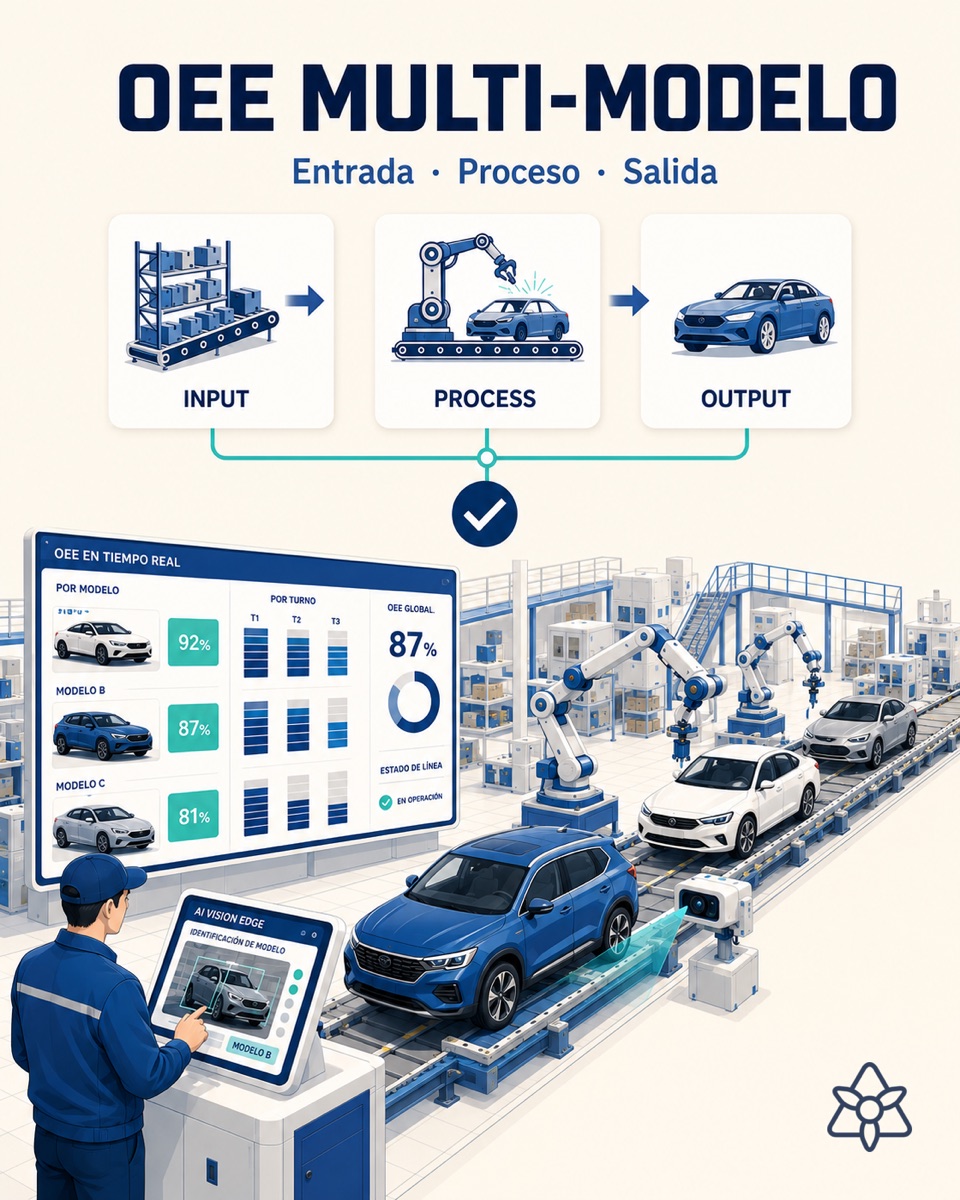 Car assembly line running three models in the mix, a real-time OEE panel broken down by model and shift, and an iLEAN Edge terminal with vision over the line — multi-model OEE with AI