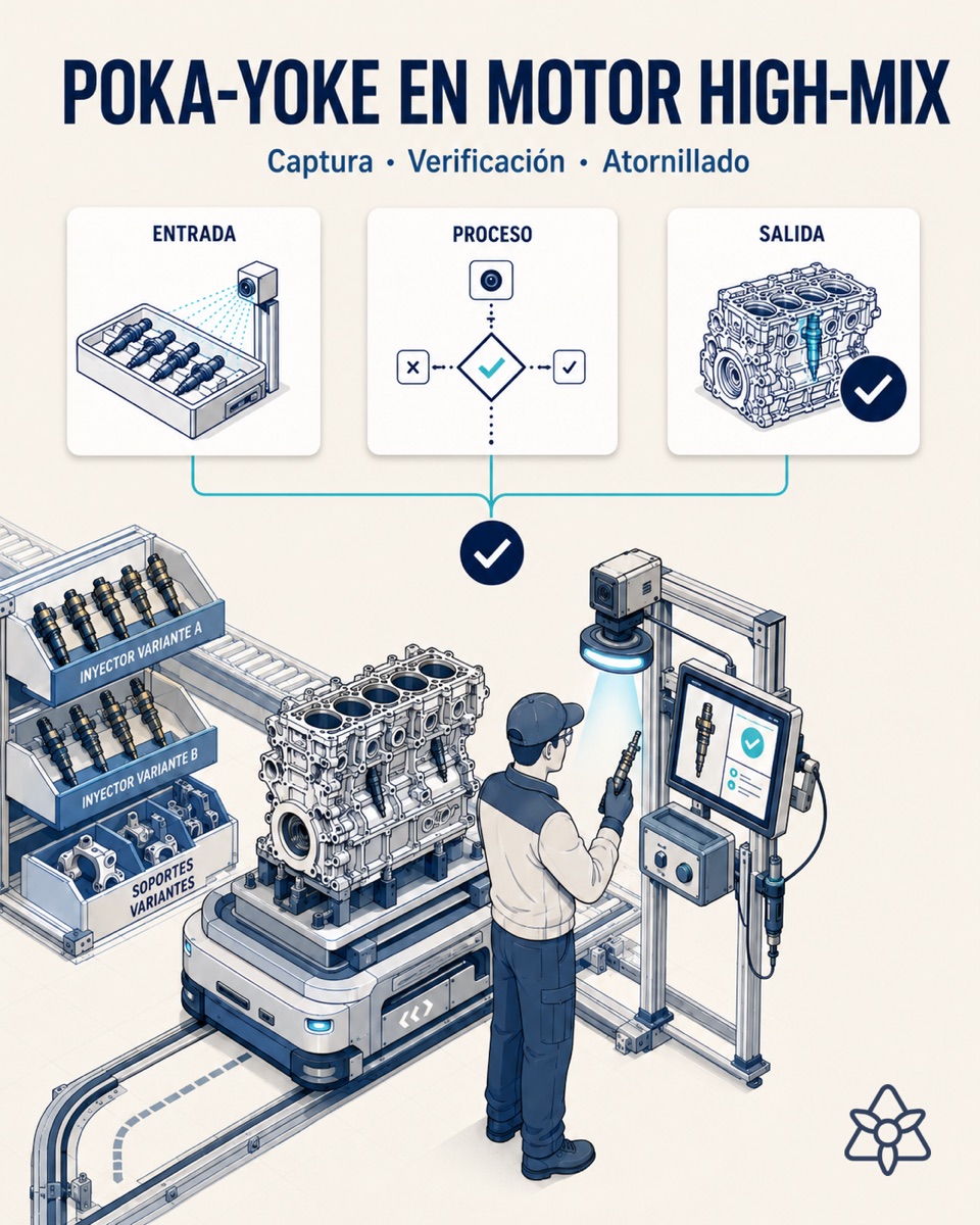 Multi-variant engine assembly station with an Edge camera over the build area verifying the right part while an operator fits the block — poka-yoke with AI vision