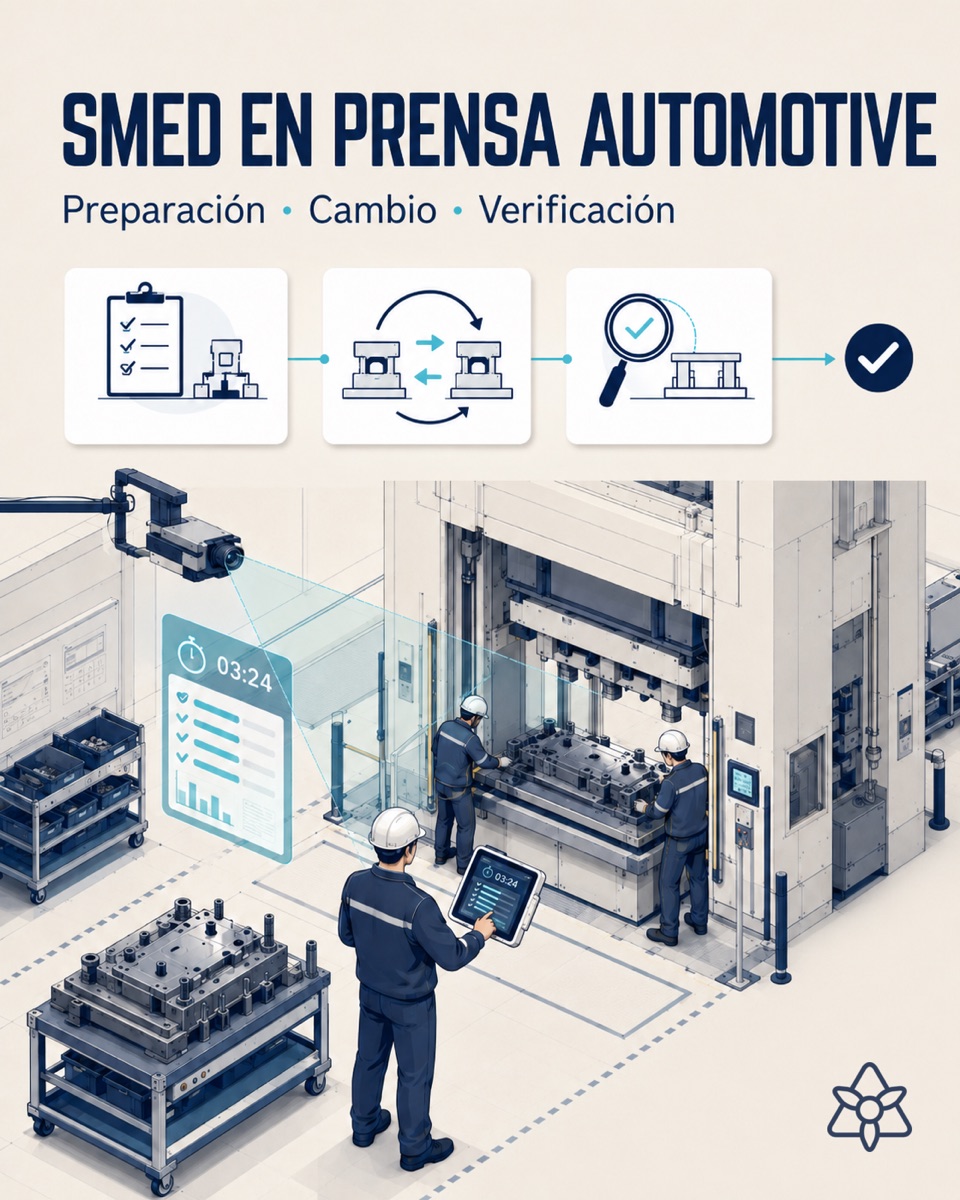 Die change on an automotive stamping press with an iLEAN Vision camera over the work area timing every step — SMED with AI