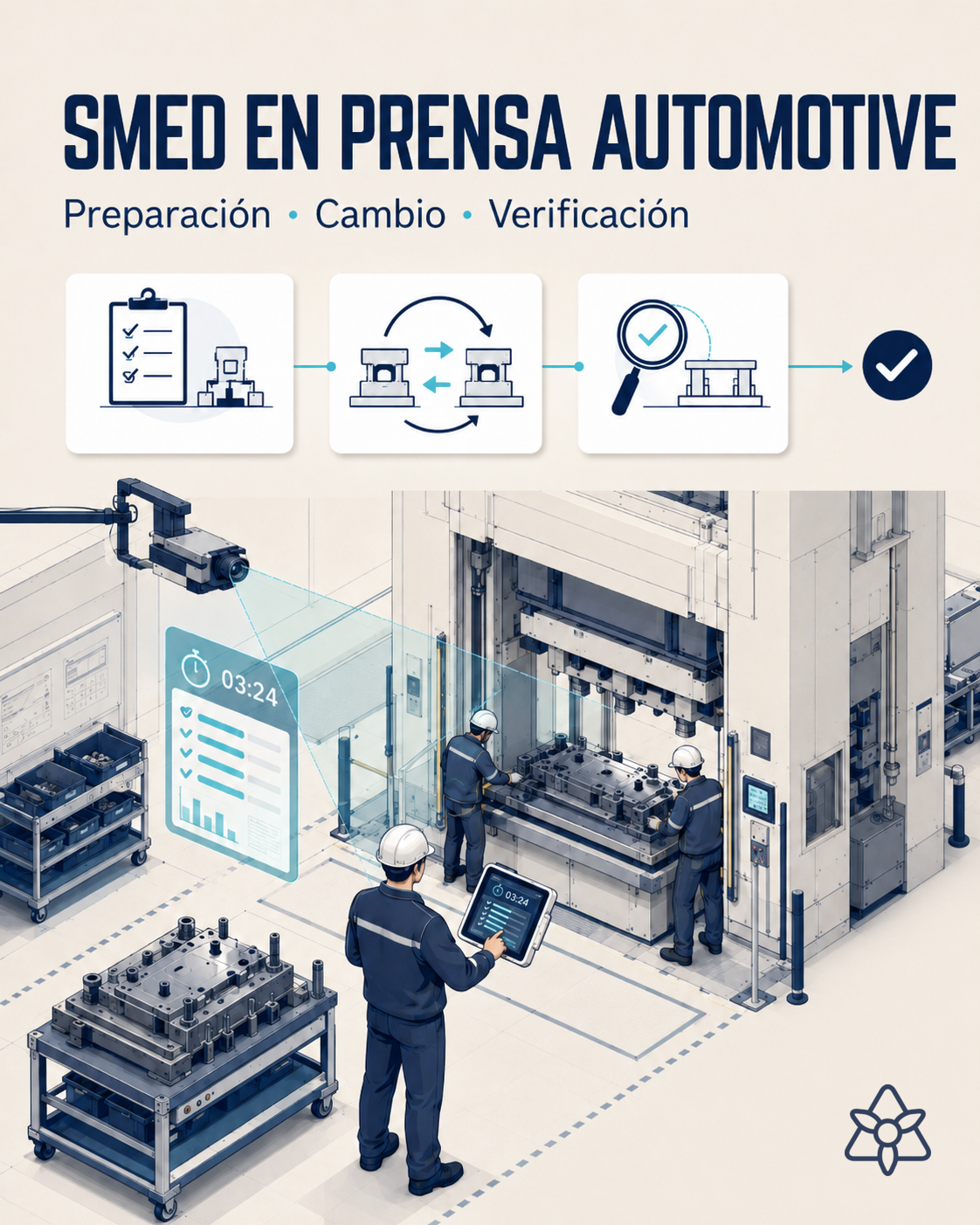 Cambio de molde en prensa de estampación de automoción con cámara iLEAN Vision sobre el área de trabajo cronometrando cada paso — SMED con IA