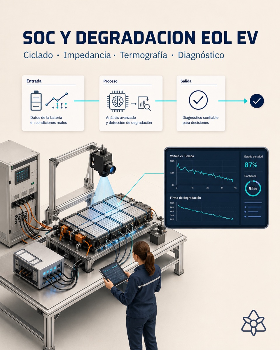 EV battery pack end-of-line station with a cycler, thermal probes and an iLEAN dashboard — SOC and degradation control with AI