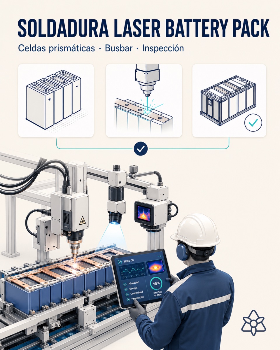 EV battery pack assembly line with a laser head over the busbar, Edge camera and synchronized thermography — weld control with AI