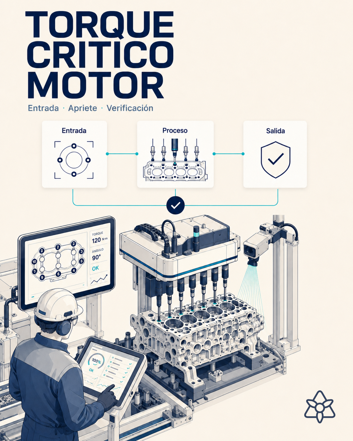 Estación de apriete de culata en línea de motor con llave electrónica multi-husillo, terminal iLEAN Edge con visión sobre los tornillos — torque crítico motor con IA