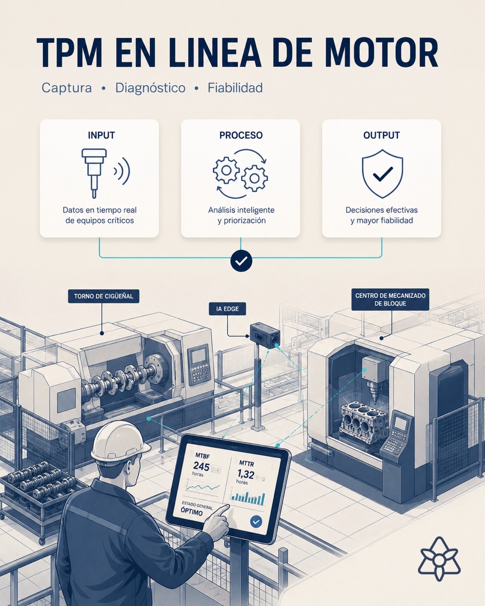 Engine machining line in an automotive plant with Edge on the crankshaft lathe and a maintenance technician reading MTBF/MTTR in real time — TPM with iLEAN