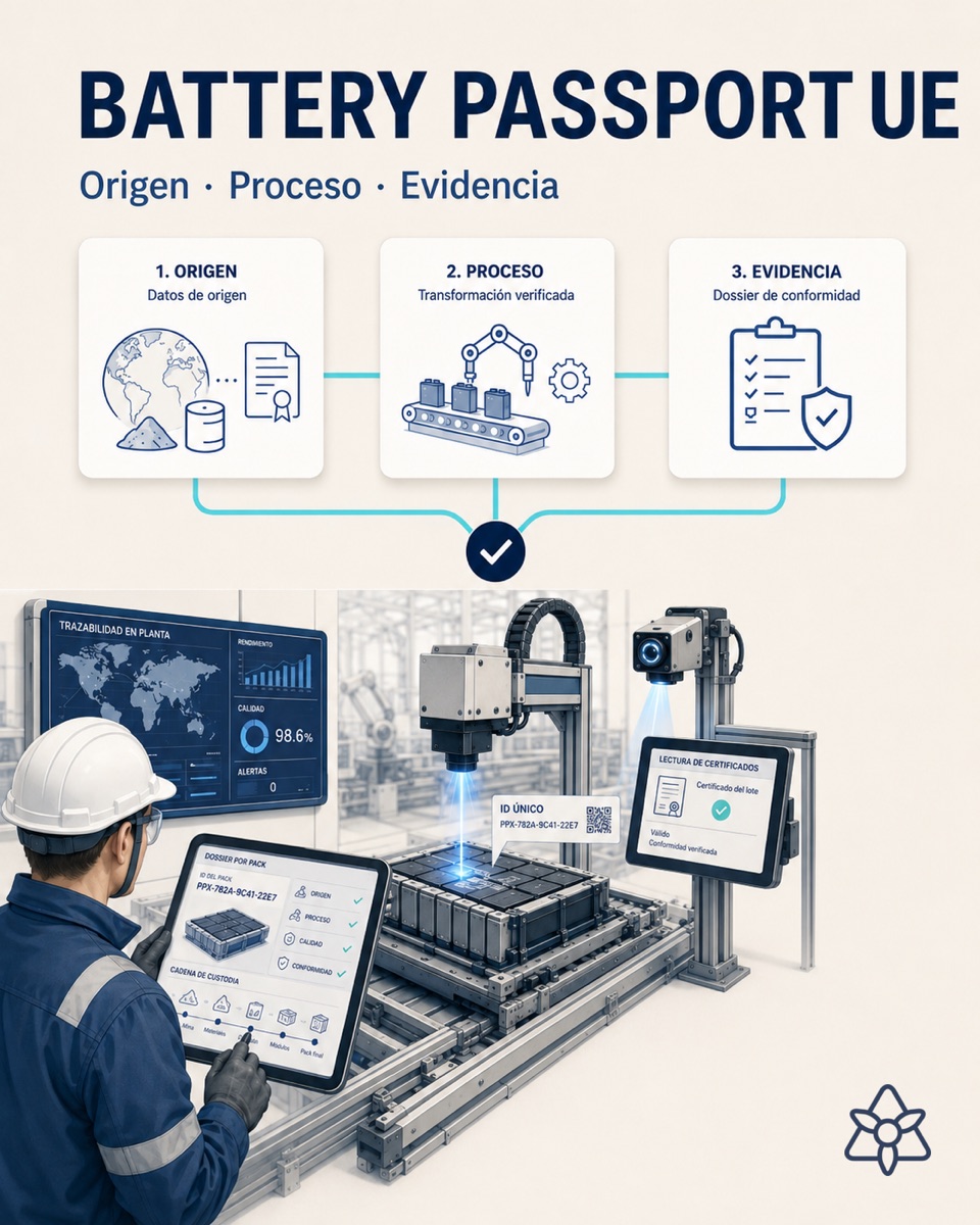 EV battery pack assembly plant with laser marking of the unique identifier, an Edge camera and an operator validating the per-pack dossier — Battery Passport with AI