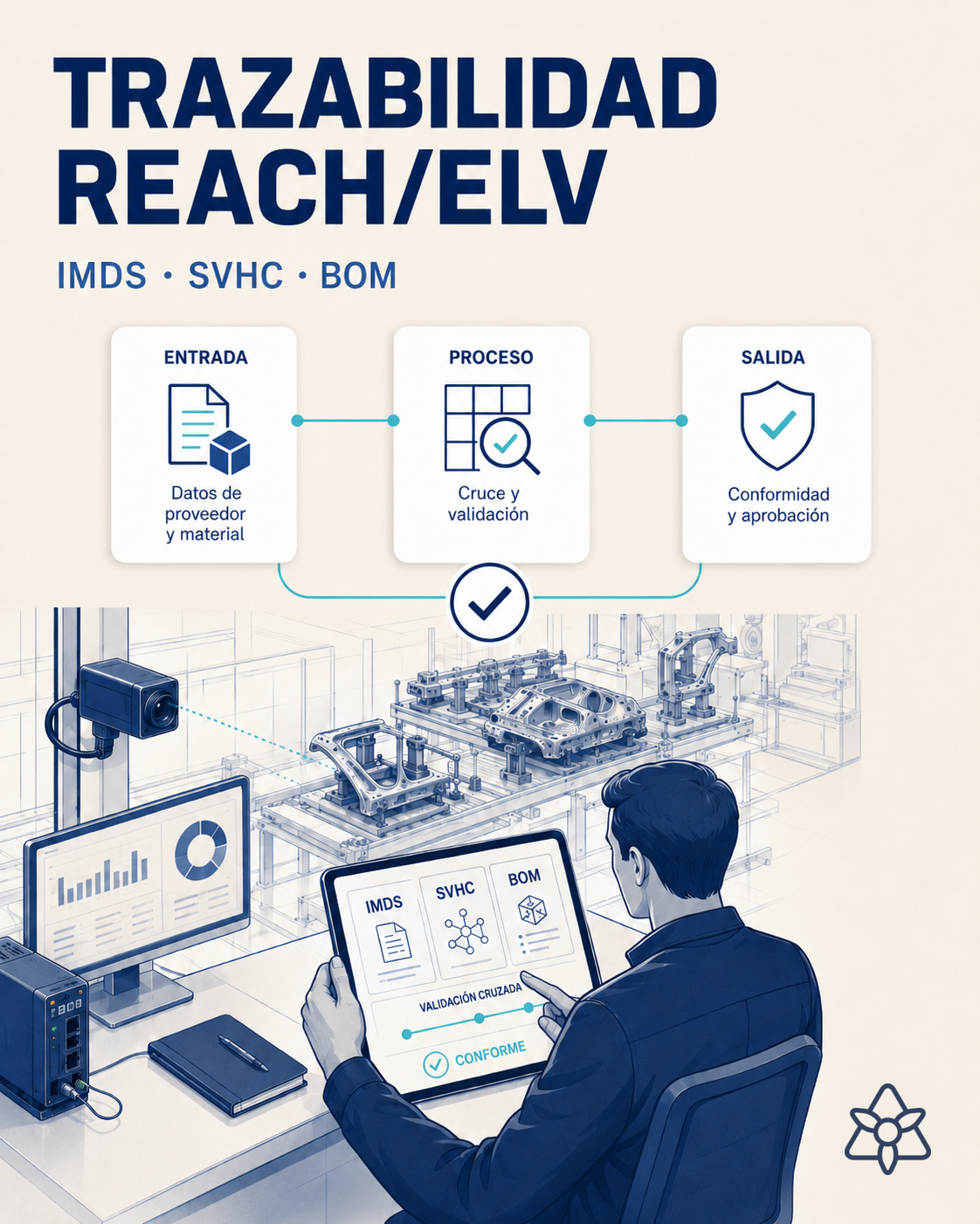 Responsable de calidad en planta de automoción revisando declaración SVHC contra BOM en pantalla iLEAN — trazabilidad de material REACH/ELV