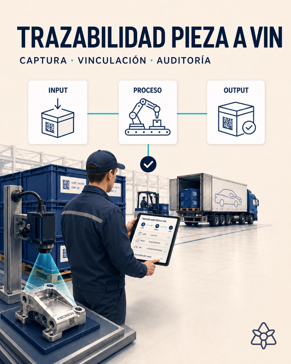 Tier-1 shipping warehouse with DataMatrix-marked parts, OEM shipping labels and a screen showing the part-to-VIN link — IATF 16949 traceability with AI