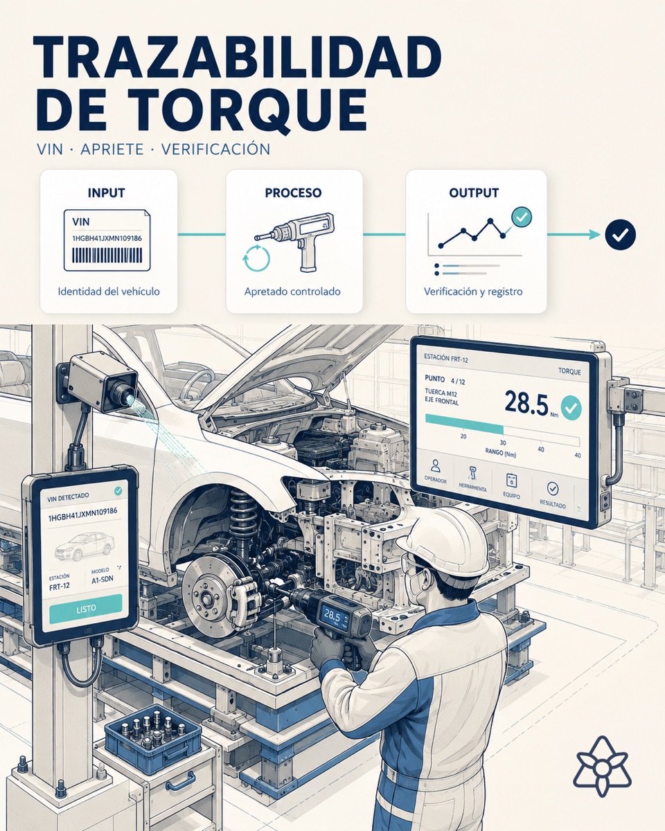 Bolting station on a car assembly line with an Atlas Copco nutrunner and an iLEAN Edge terminal reading the vehicle VIN — torque traceability fastener by fastener