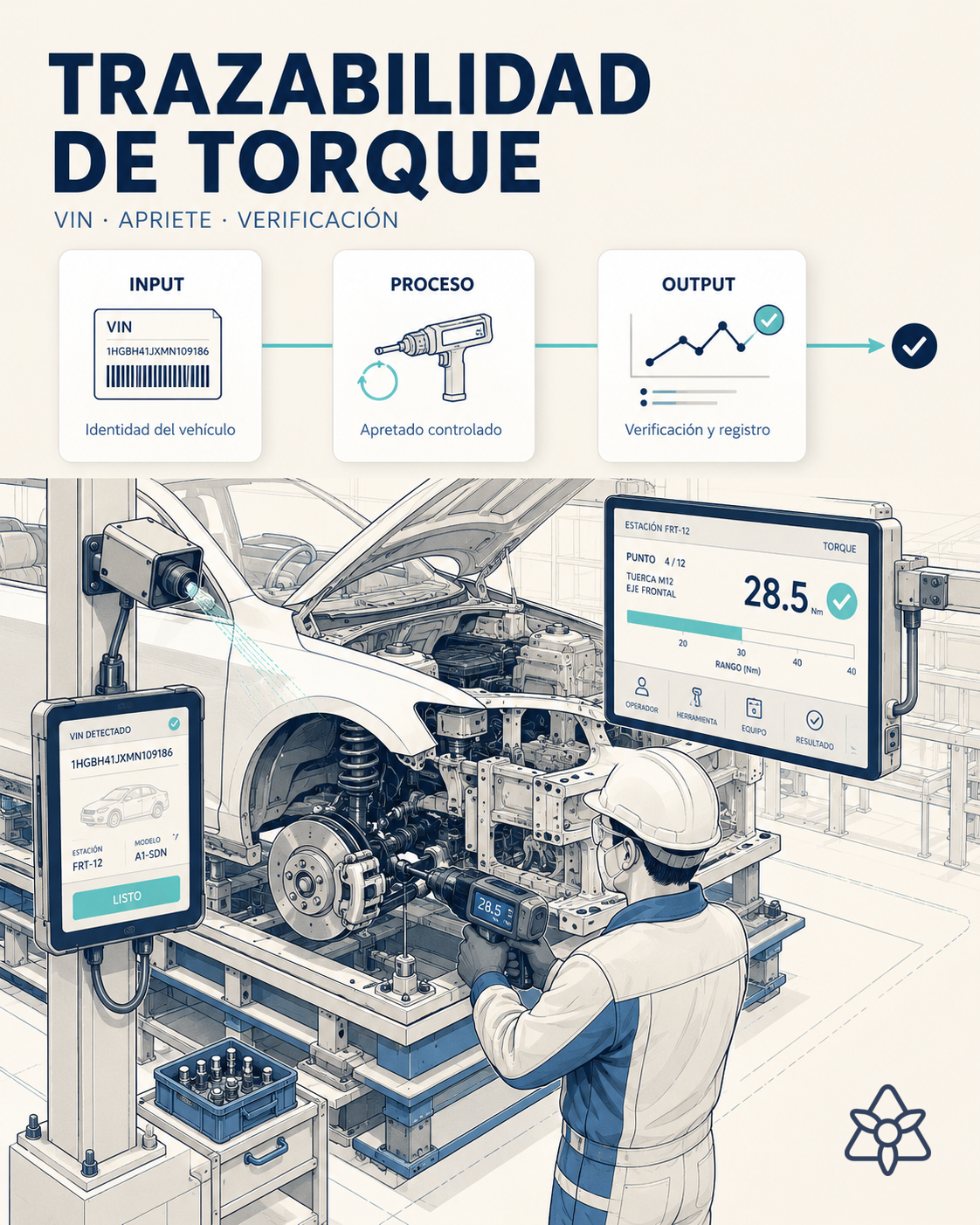 Estación de atornillado en línea de coche con llave Atlas Copco, terminal iLEAN Edge leyendo el VIN del vehículo — trazabilidad de torque pieza por tornillo