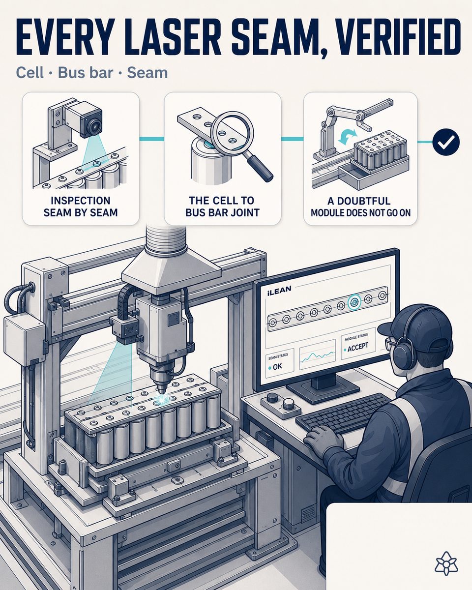 EV battery pack assembly line with a laser head over the busbar, Edge camera and synchronized thermography — weld control with AI