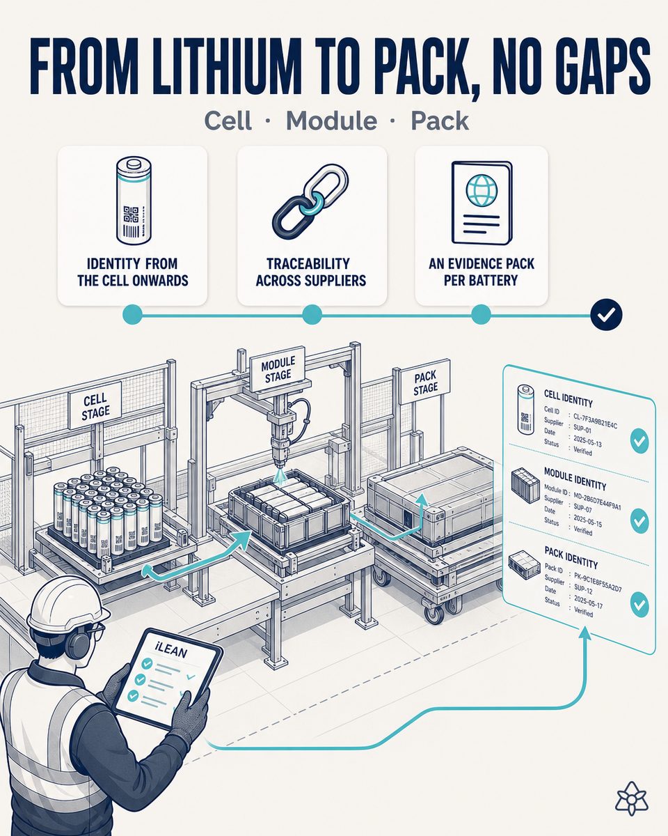 EV battery pack assembly plant with laser marking of the unique identifier, an Edge camera and an operator validating the per-pack dossier — Battery Passport with AI