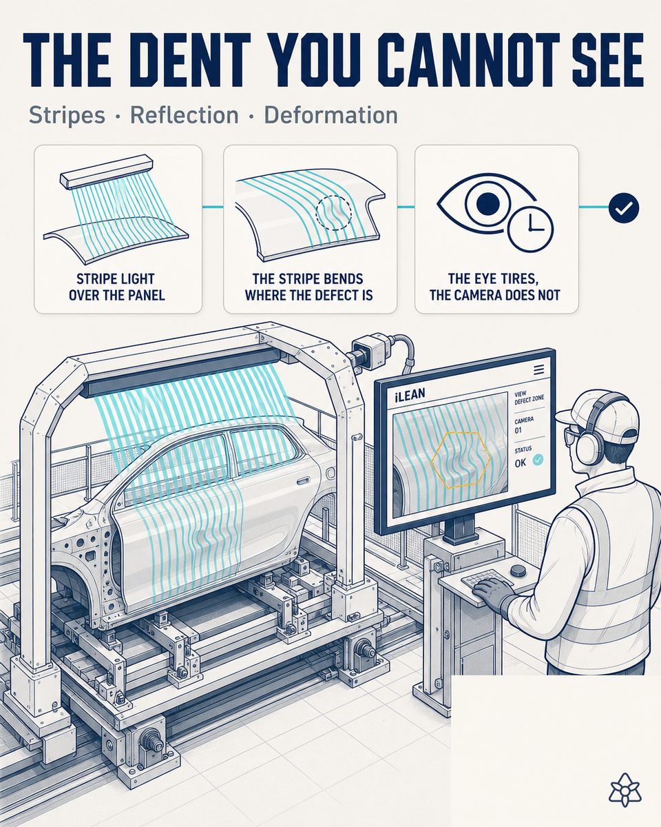 Body inspection light tunnel projecting deflectometric lines onto a car door, an Edge camera capturing the distortion of the pattern and an inspector validating — body panel defects with AI vision