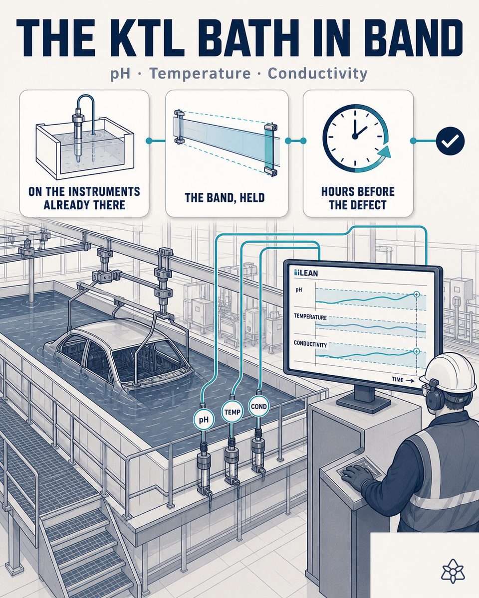 KTL cataphoresis tank with a car body immersed and an iLEAN Edge panel on the bath instrumentation — pH, temperature and conductivity control with AI