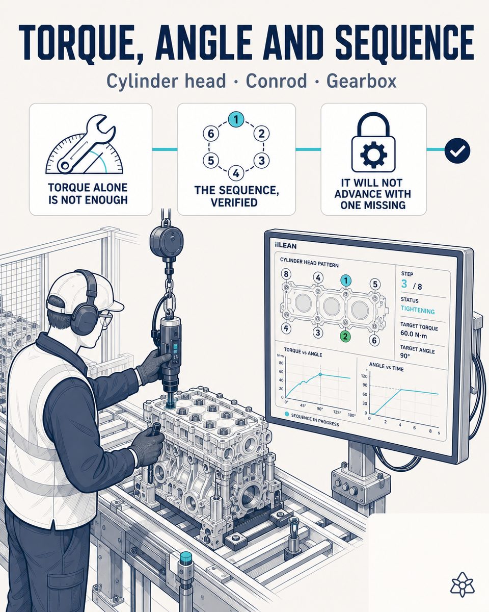 Cylinder head tightening station on an engine line with a multi-spindle electronic nutrunner and an iLEAN Edge terminal with vision over the bolts — critical engine torque with AI