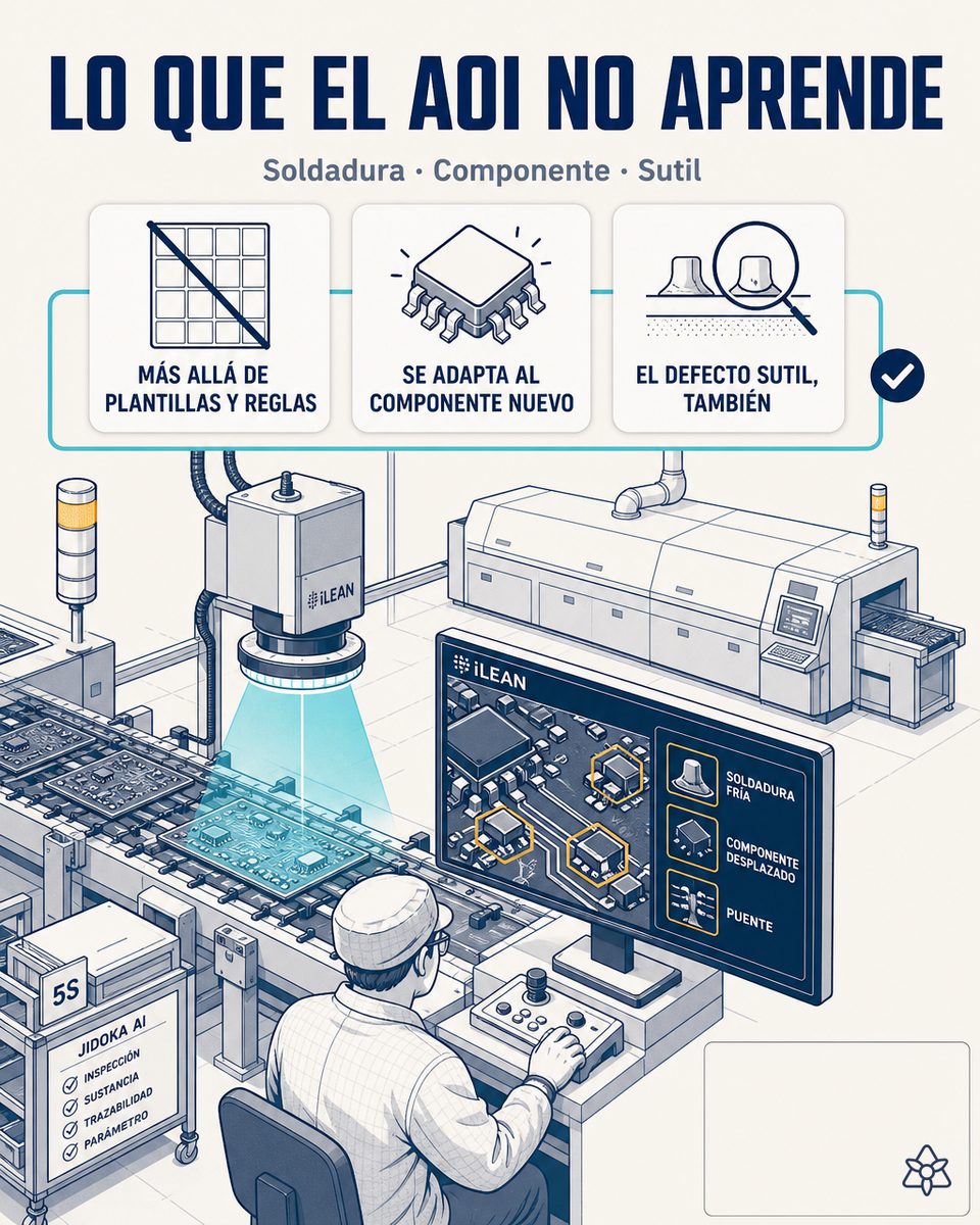 Estación SMT con placa PCB de electrónica embarcada bajo iluminación de inspección, terminal iLEAN Edge con visión y AOI clásico contiguo — defectos PCB automotive con IA