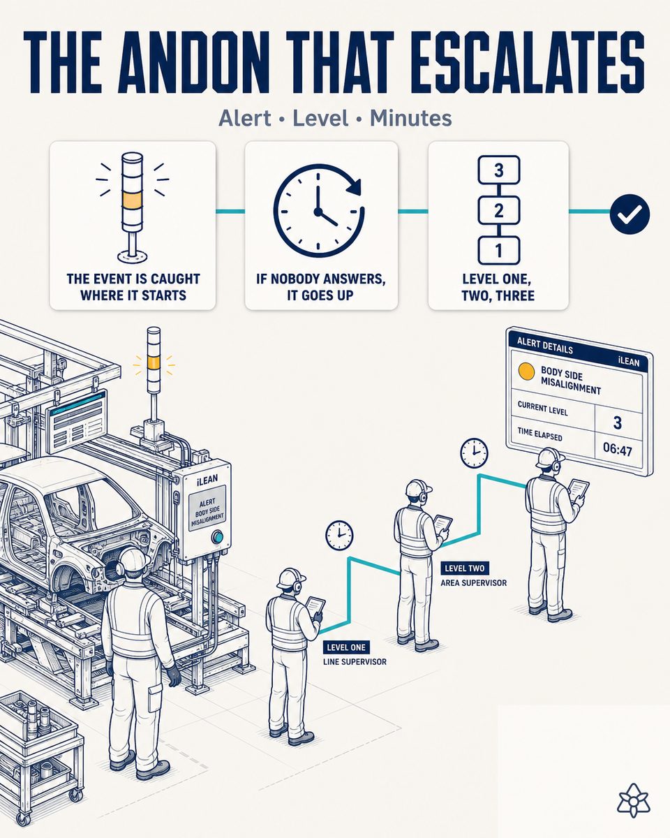 Andon light tower lit on an automotive assembly line with iLEAN Connect capturing the event — automatic escalation of the alert level by level with response times logged