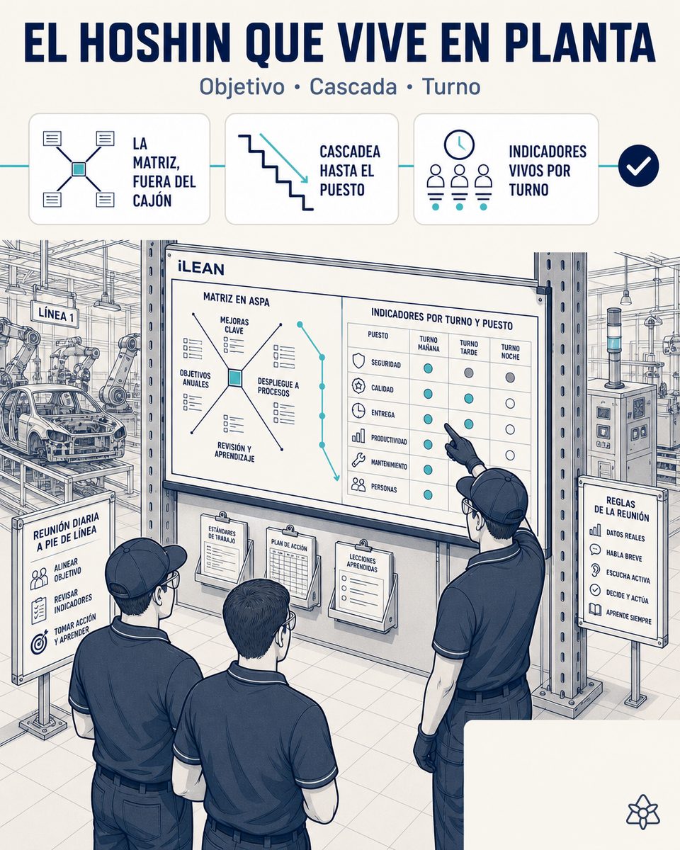 Pantalla de planta tier-1 mostrando el X-matrix Hoshin cascadeado a KPIs por turno y puesto, con responsable de excelencia operacional supervisando — Hoshin Kanri digital con iLEAN