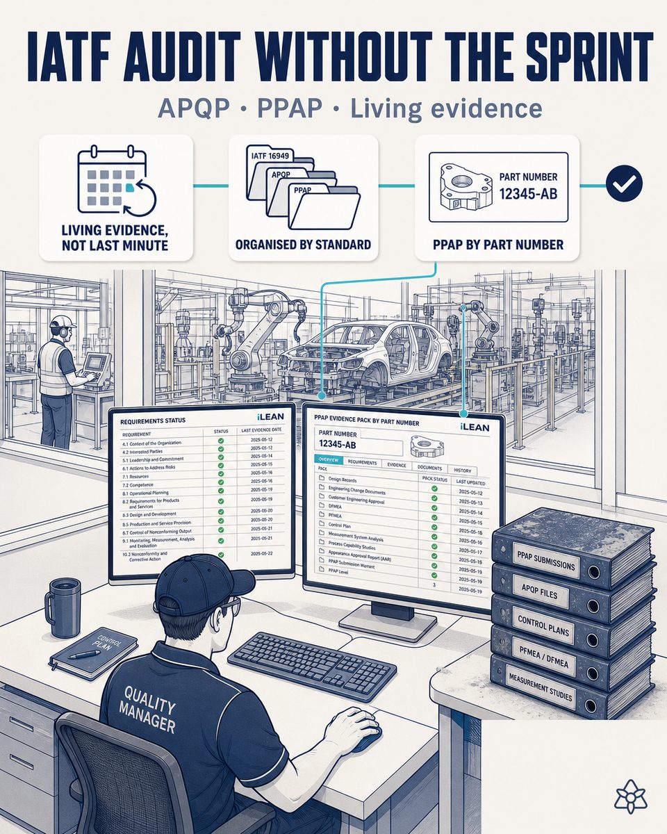 Quality room in a tier-1 automotive plant with an SPC dashboard, a control plan tablet and an operator validating a live APQP — IATF 16949 with continuous auditing