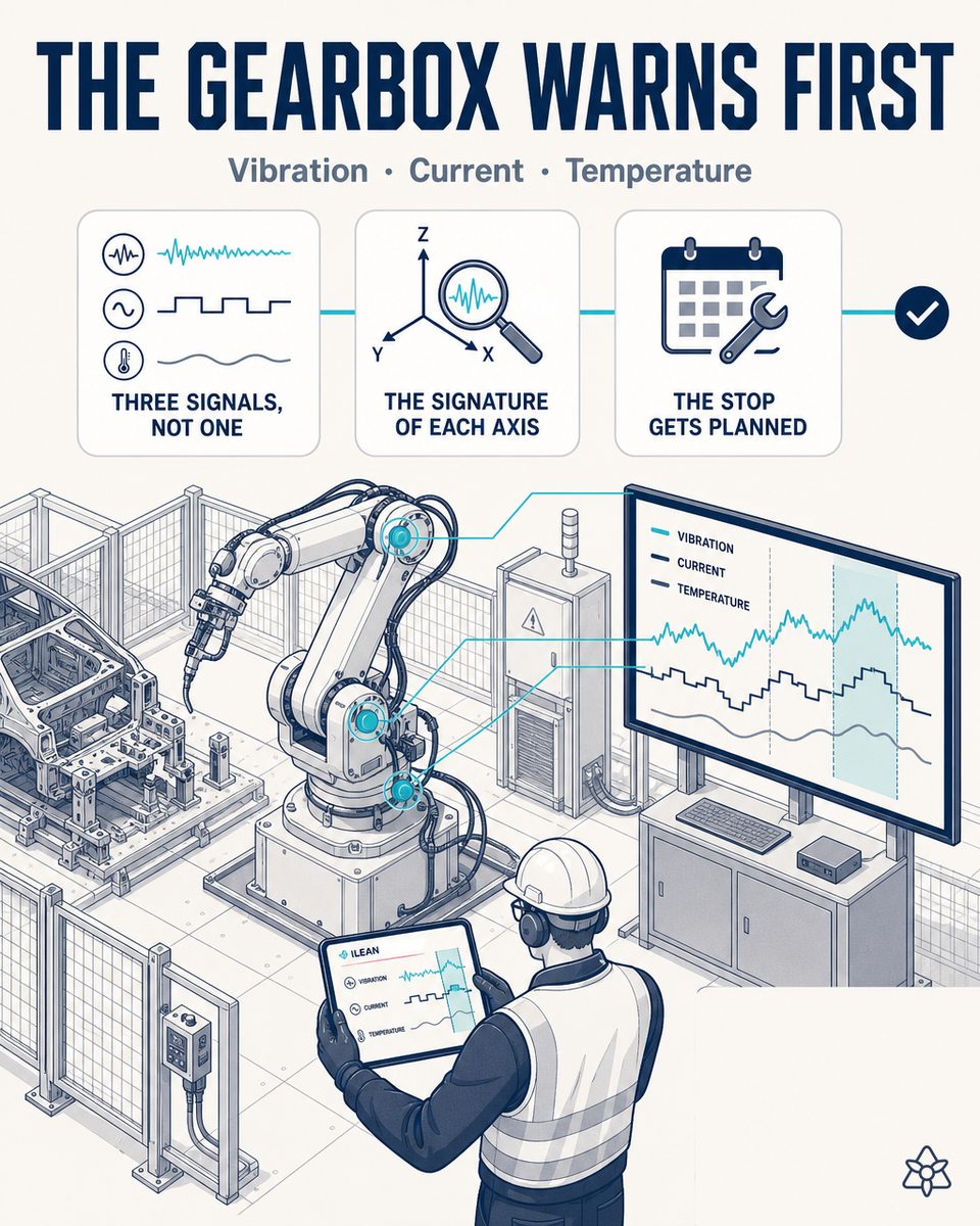 Body-in-white welding line with KUKA and Fanuc robots and an iLEAN Edge terminal at the robot base reading vibration and current — industrial robot predictive maintenance