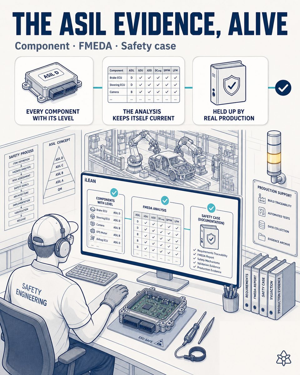Automotive electronics production floor with a per-component marking station, a safety tablet and the iLEAN agent chaining ASIL evidence — ISO 26262 with AI