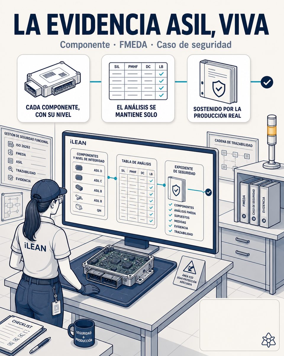 Sala de producción de electrónica de automoción con estación de marcado por componente, tablet de safety y agente iLEAN encadenando evidencia ASIL — ISO 26262 con IA