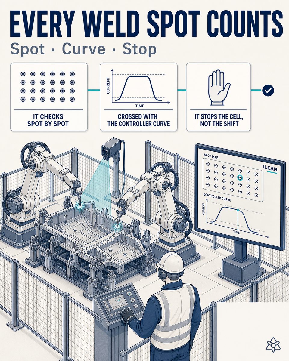 Robotic BIW chassis welding cell with an Edge camera inspecting weld spots and the quality manager supervising — digital jidoka with AI