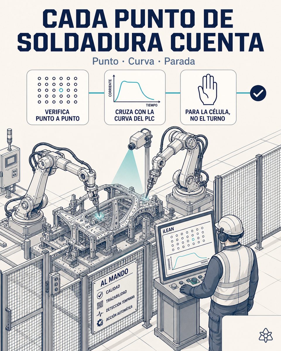 Célula de soldadura robotizada de chasis BIW con cámara Edge inspeccionando puntos de soldadura, jefe de calidad supervisando — jidoka digital con IA