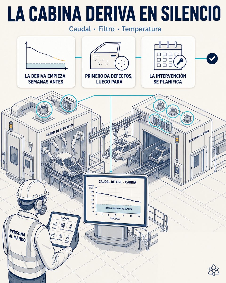 Cabina de pintura de automoción y horno de curado con terminal iLEAN Connect sobre la instrumentación existente — mantenimiento predictivo de filtros, ventiladores y temperatura por zonas