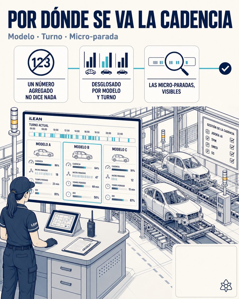 Línea de ensamblaje de coche con tres modelos en mezcla, panel de OEE en tiempo real con descomposición por modelo y turno, terminal iLEAN Edge con visión sobre la línea — OEE multi-modelo con IA