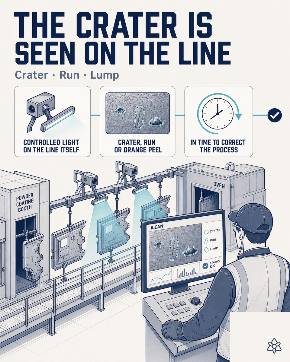 Automotive powder coating line with an iLEAN Edge camera at the oven entrance, an ejection actuator and an operator supervising — detecting craters, sags and orange peel with AI