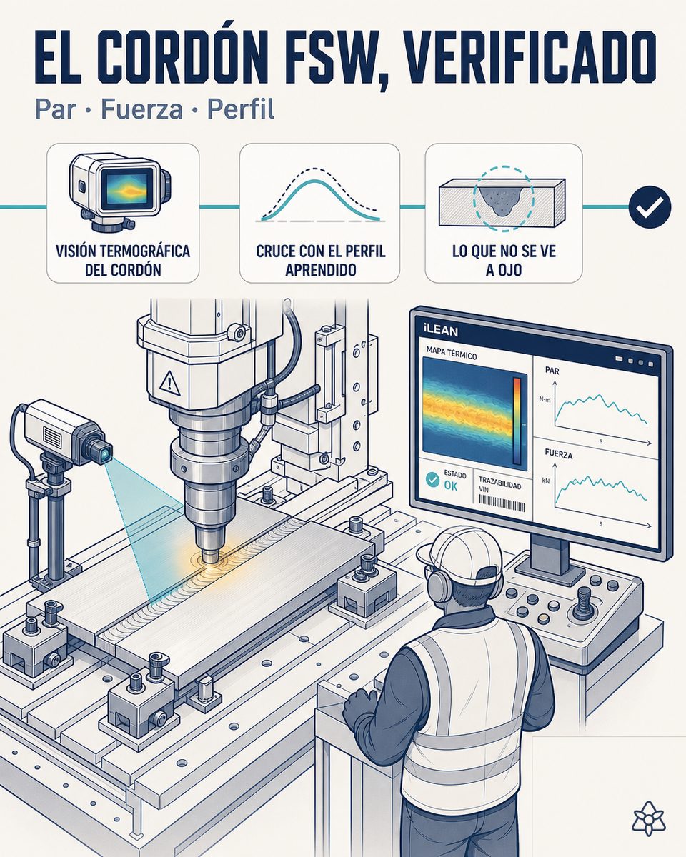 Estación FSW soldando estructura de aluminio para vehículo eléctrico con cámara termográfica iLEAN sobre el cordón — control par, fuerza y temperatura con IA